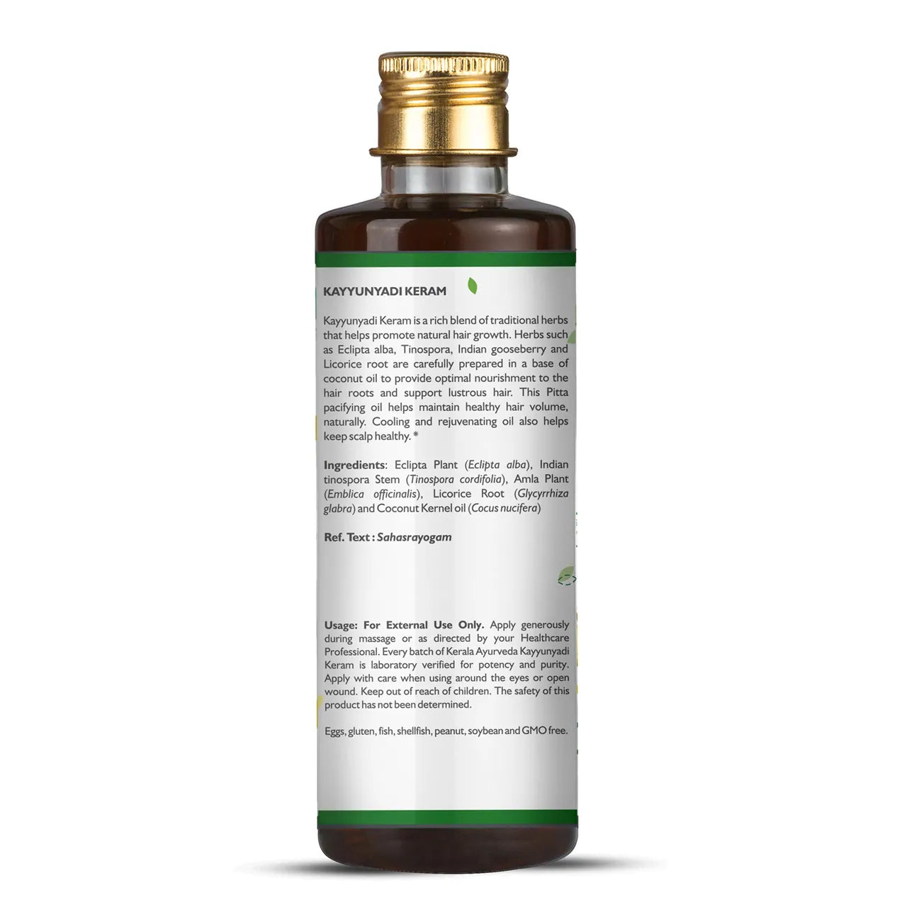 A bottle of Kerala Ayurveda Kayyunyadi Keram hair care oil, 6.8 fl oz / 200 ml, with a ingreadients label indicating the brand details along with direction to use