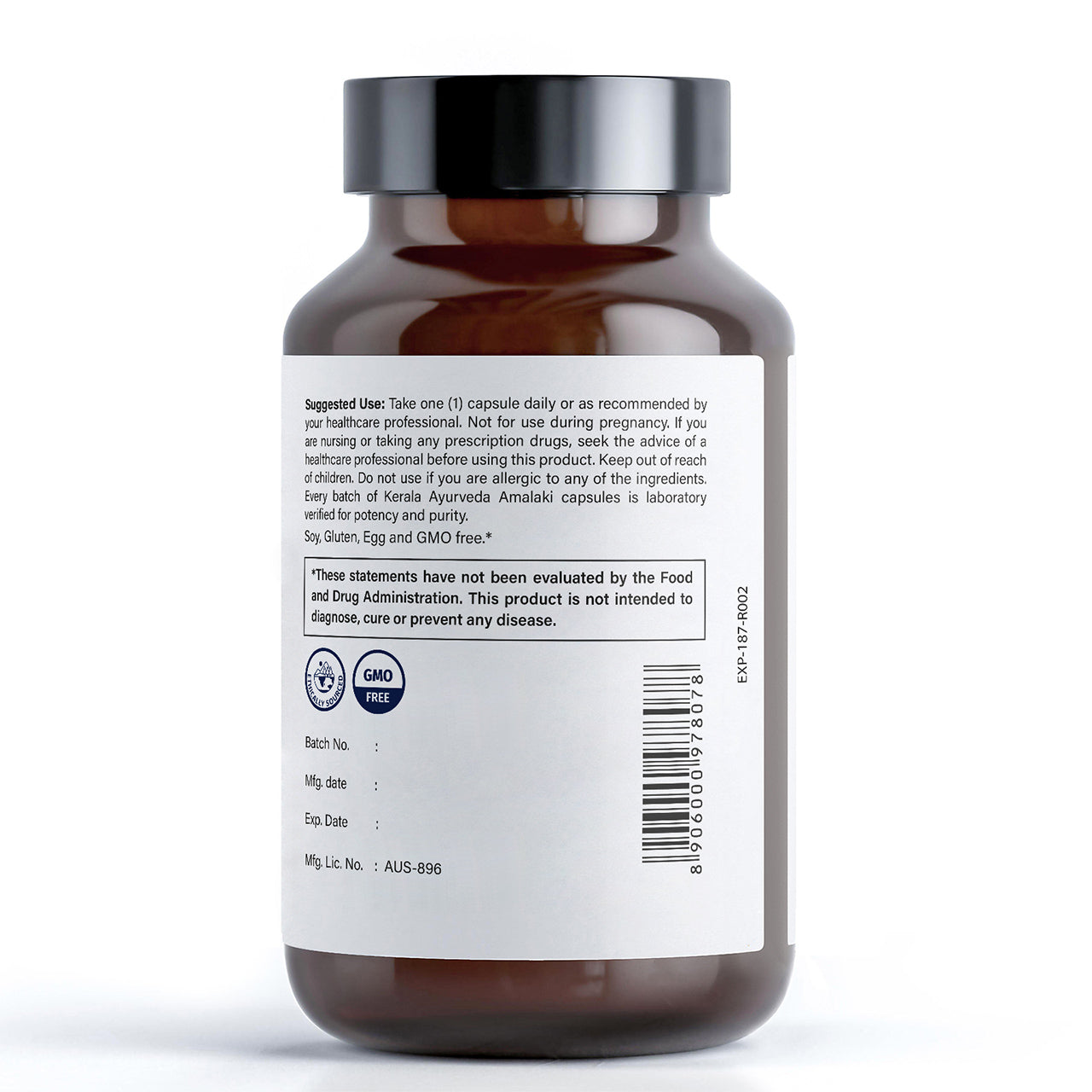 A bottle of Kerala Ayurveda Amalaki dietary supplement with 60 vegetarian capsules, labeled with how to use suggestion