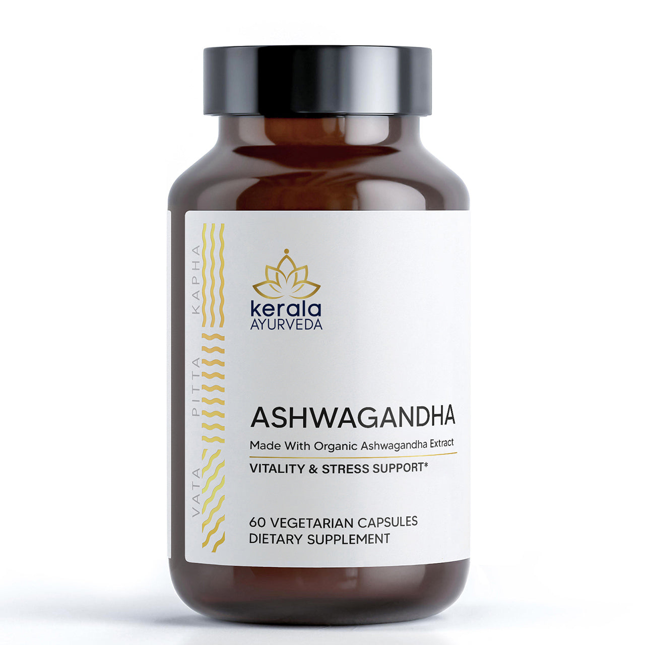 A bottle of Kerala Ayurveda Ashwagandha dietary supplement with 60 capsules, labeled for vitality and stress support.