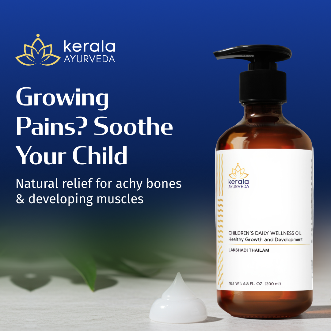 A pump bottle of Kerala Ayurveda Children's Daily Wellness Oil- an ayurvedic oil, with text highlighting its use for soothing growing pains.