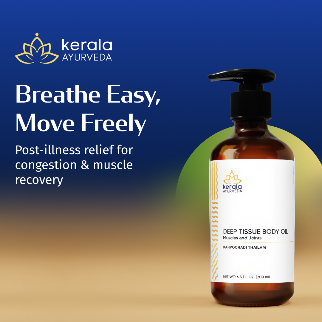 A bottle of Deep Tissue Body Oil with a label that reads 'KARPOORADI THAILAM', and the text 'Breathe Easy, Move Freely - Post-illness relief for congestion & muscle recovery'. The background is blue with a yellow halo-like shape to the left.