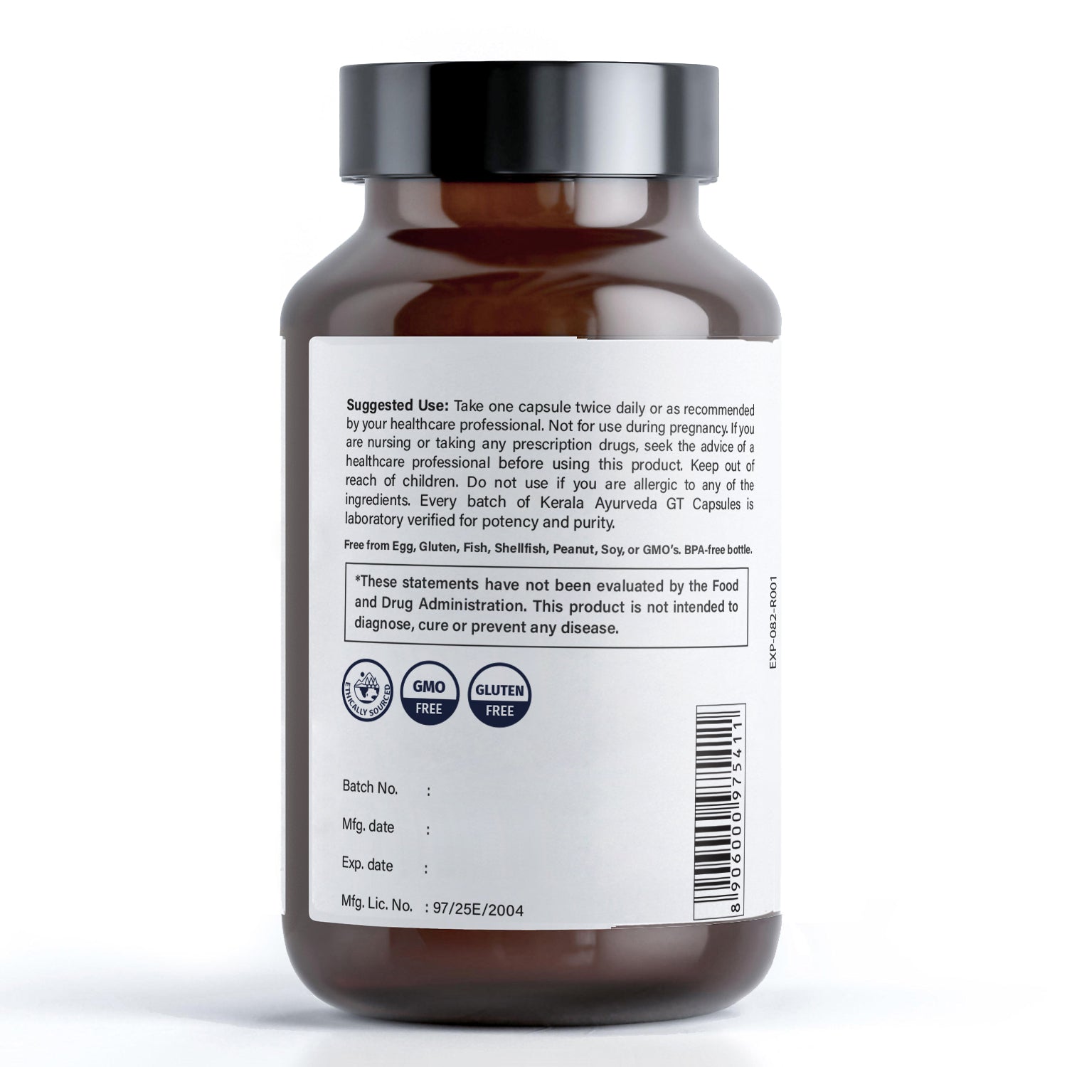 A back view of bottle of GT Capsules by Kerala Ayurveda, an ayurvedic supplement labeled as skin and joint support, with 60 softgel capsules  indicating the how to use suggestion