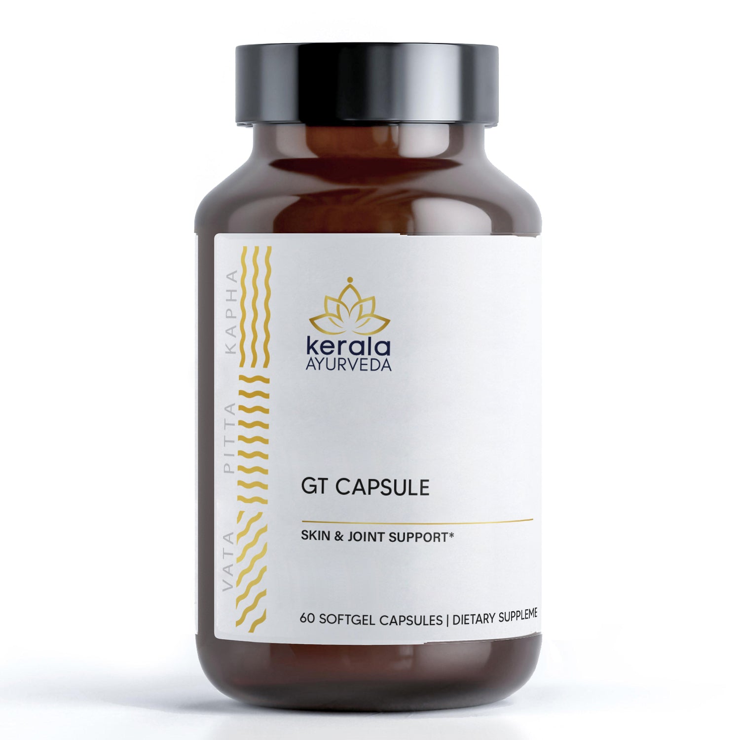 A bottle of GT Capsules by Kerala Ayurveda, labeled as skin and joint support, with 60 softgel capsules.