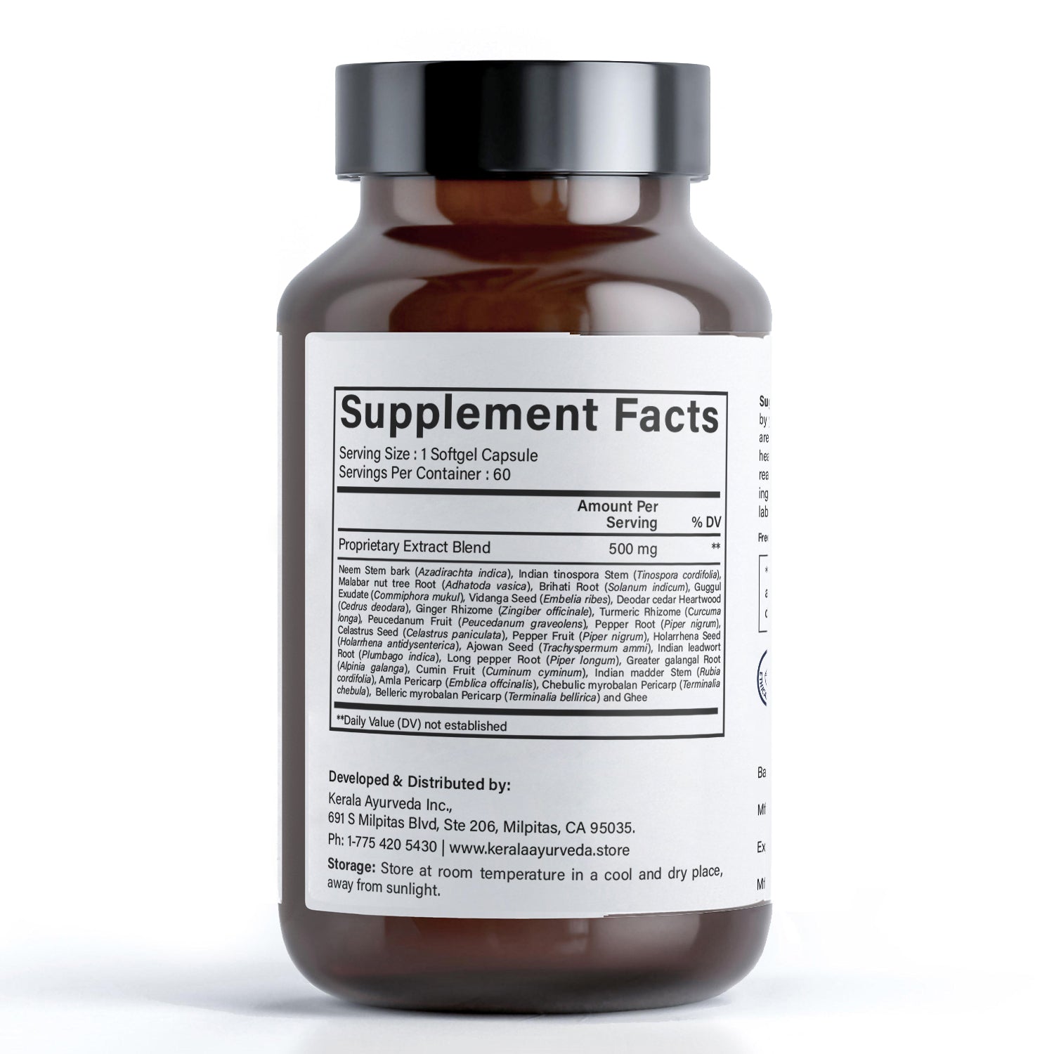 A ingredient view of a  bottle of GT Capsules by Kerala Ayurveda, an ayurvedic supplement labeled as skin and joint support, with 60 softgel capsules.