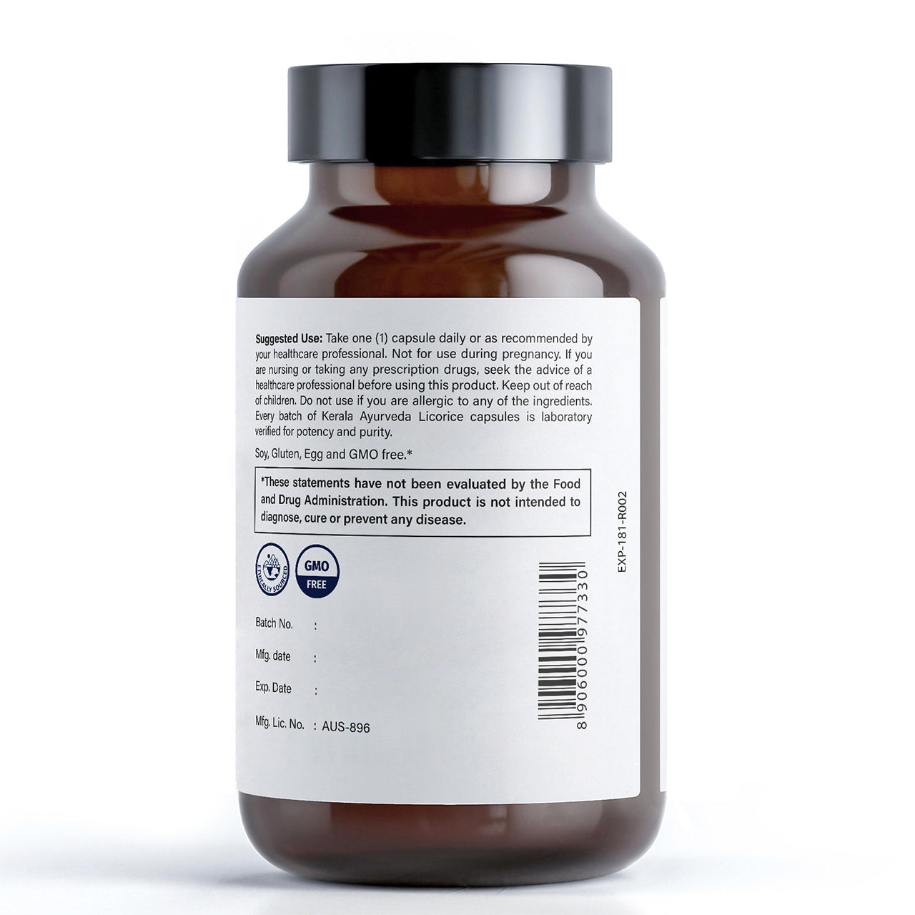 Back View of Kerala Ayurveda licorice supplement dietary with 60 vegetarian capsules.