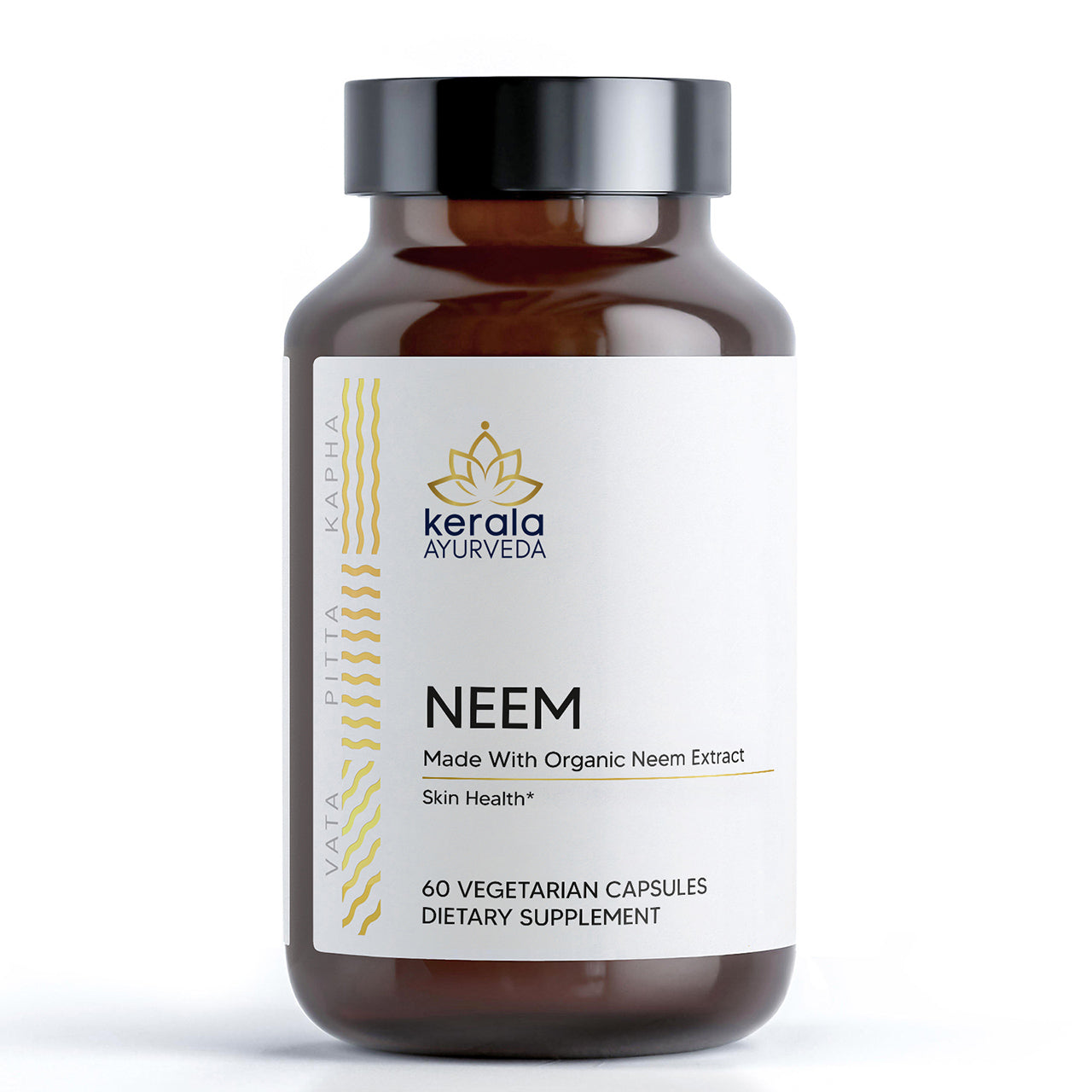 A bottle of Kerala Ayurveda Neem dietary supplement with 60 vegetarian neem capsules.