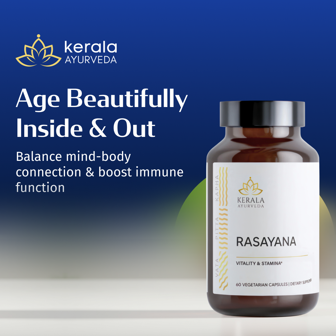 A bottle of Kerala Ayurveda Rasayana capsules for healthy aging, with the tagline 'Balance mind-body connection & boost immune function'. The bottle is on a blue background with the brand logo and product information.