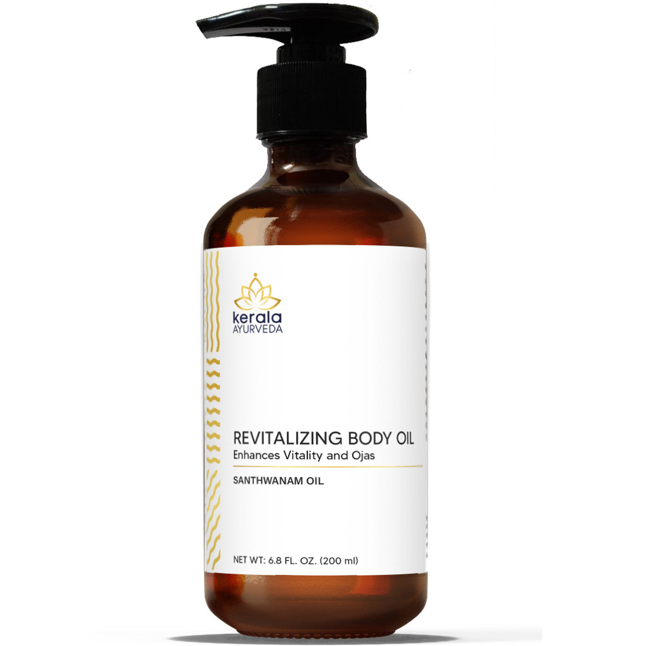 A bottle of Revitalizing Body Oil with a label that includes the brand name Kerala and the product name. The oil is in a clear amber bottle with a black pump.