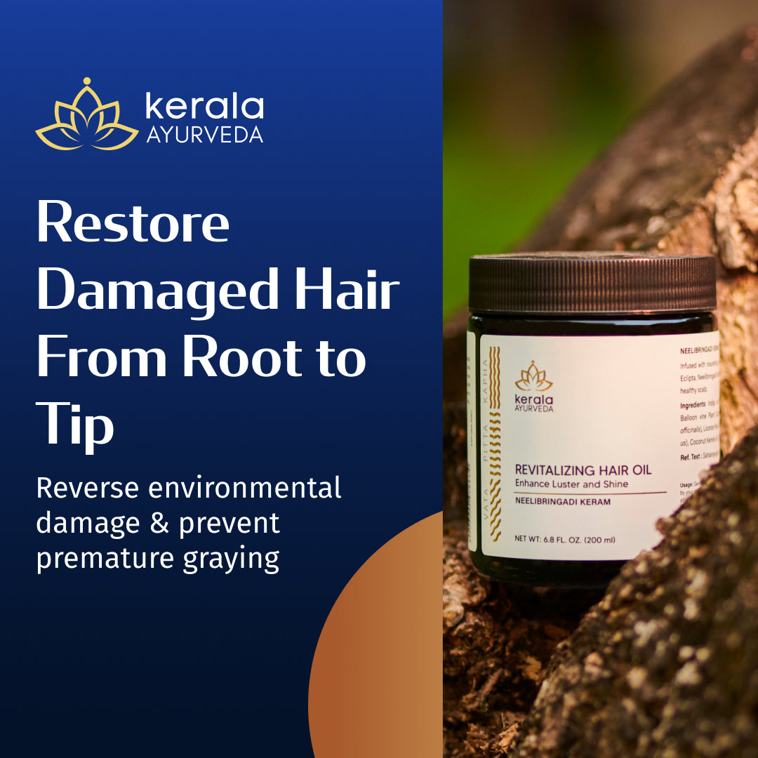 A jar of Kerala Ayurveda Revitalizing Hair Oil (Neelibringadi Keram) placed against a natural background, with the brand logo and product information displayed.