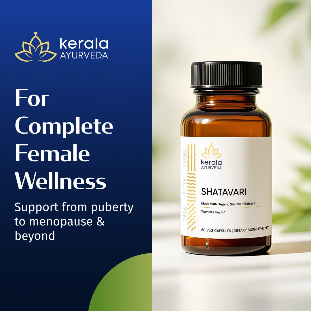 A bottle of Kerala Ayurveda Shatavari capsules with the label showing 'For Complete womens health supplements , Female Wellness' and indicating support from puberty to menopause. The background is blue with a floral design on the left side.