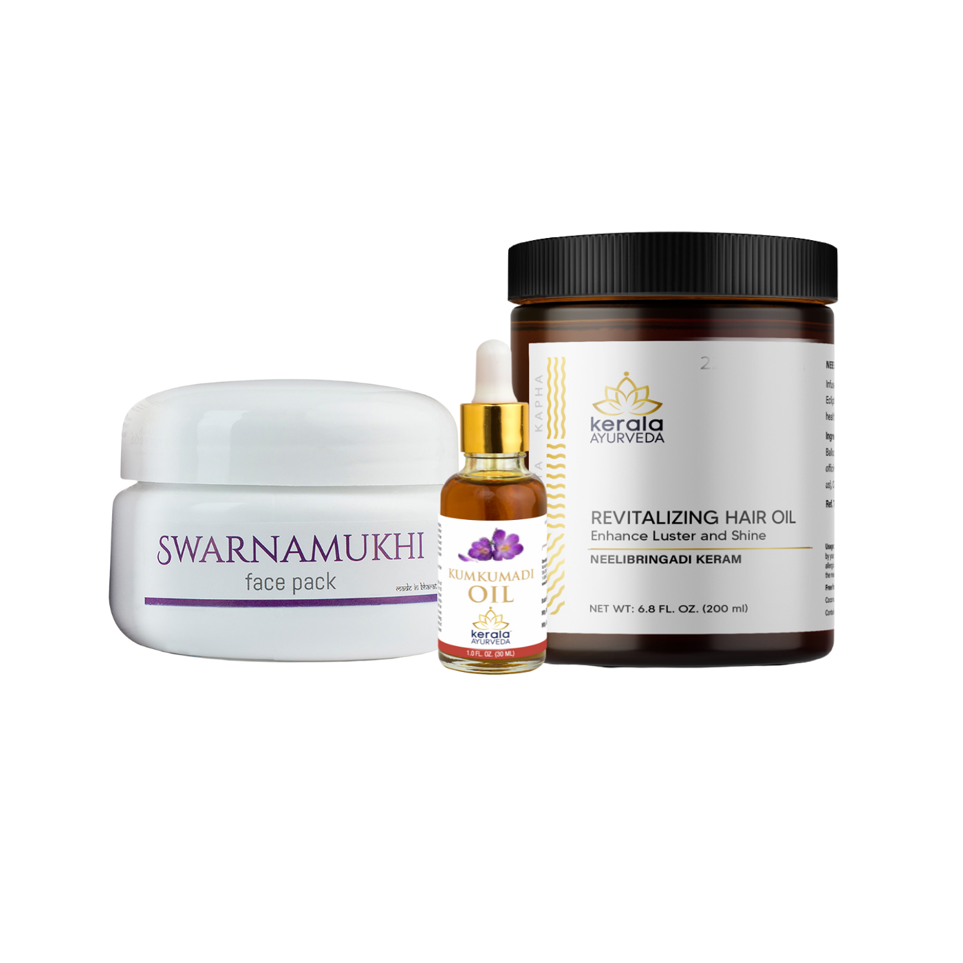 A set of three cosmetic products, including a face pack, hair oil, and a serum, with labels in white and purple color tones.