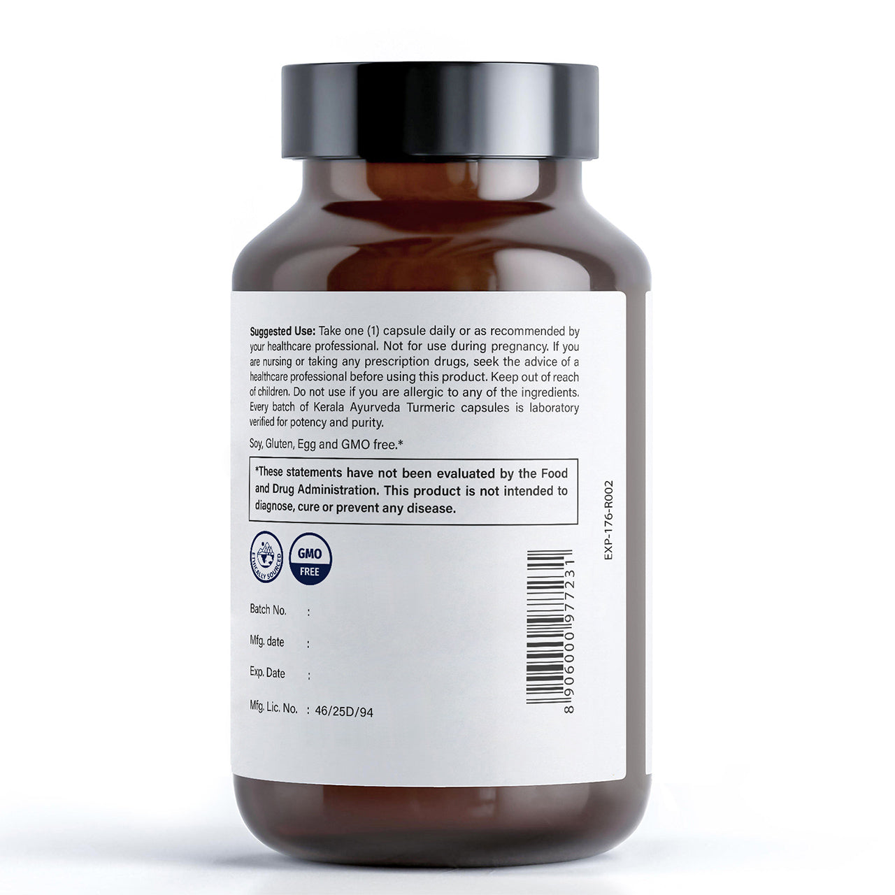 Back of Kerala Ayurveda Turmeric dietary supplement with 60 turmeric capsules, showing company details and a barcode for this ayurvedic.