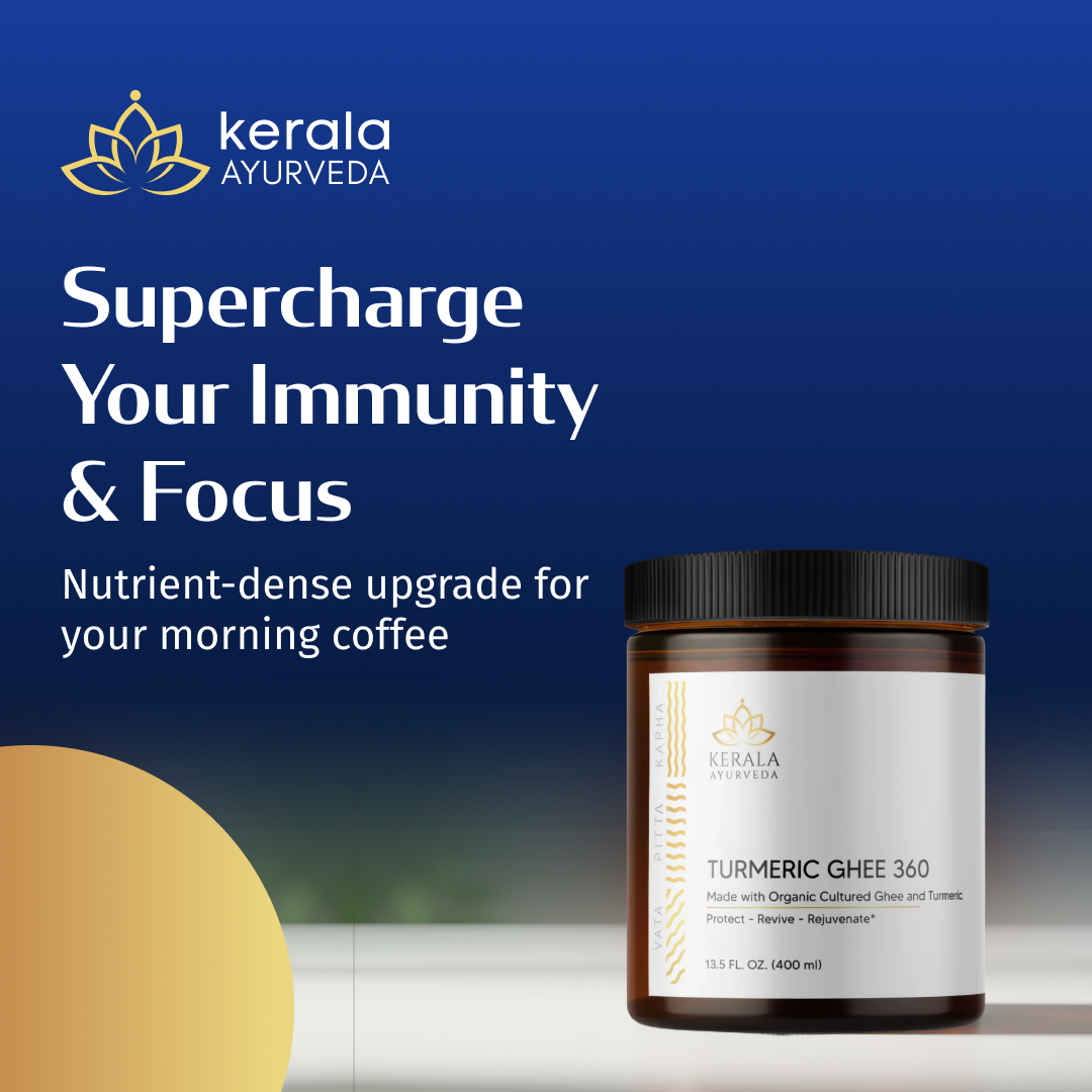 A jar of Kerala Ayurveda Turmeric Ghee 360 placed on a wooden surface with a blue background, with text promoting immune system support and focus.