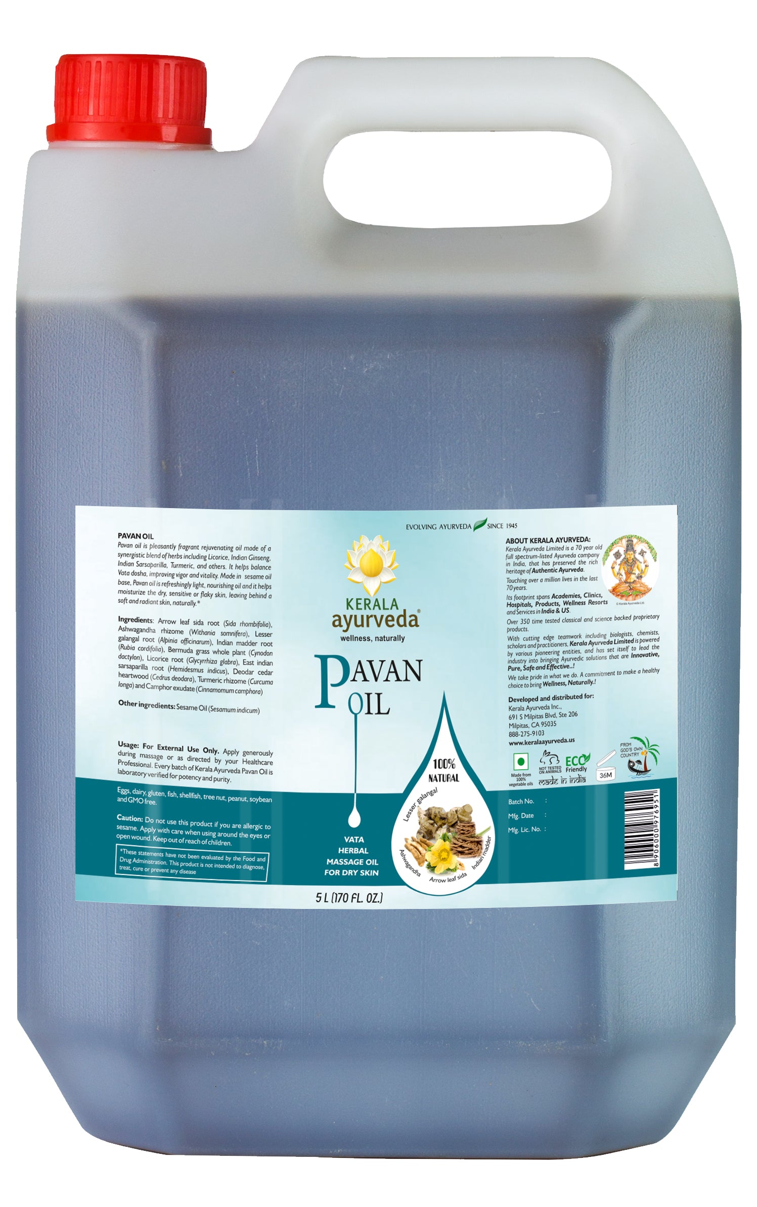 A 5 liter can of Vata Massage Oil (Pavan Oil) from Kerala Ayurveda, held in a person's hand, with a blue and green design in the background. The text on the image promotes winter dryness relief and Vata balance.