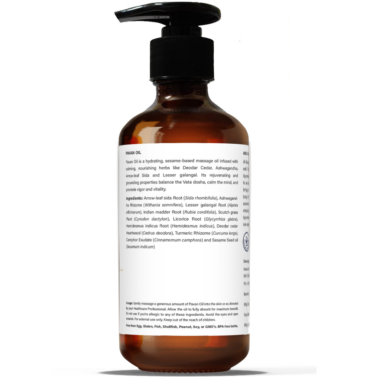 A clear glass bottle with a black pump dispenser labeled 'Vata Massage Oil' by Kerala Ayurveda. The bottle shows the lable indicating the ingredients of the product