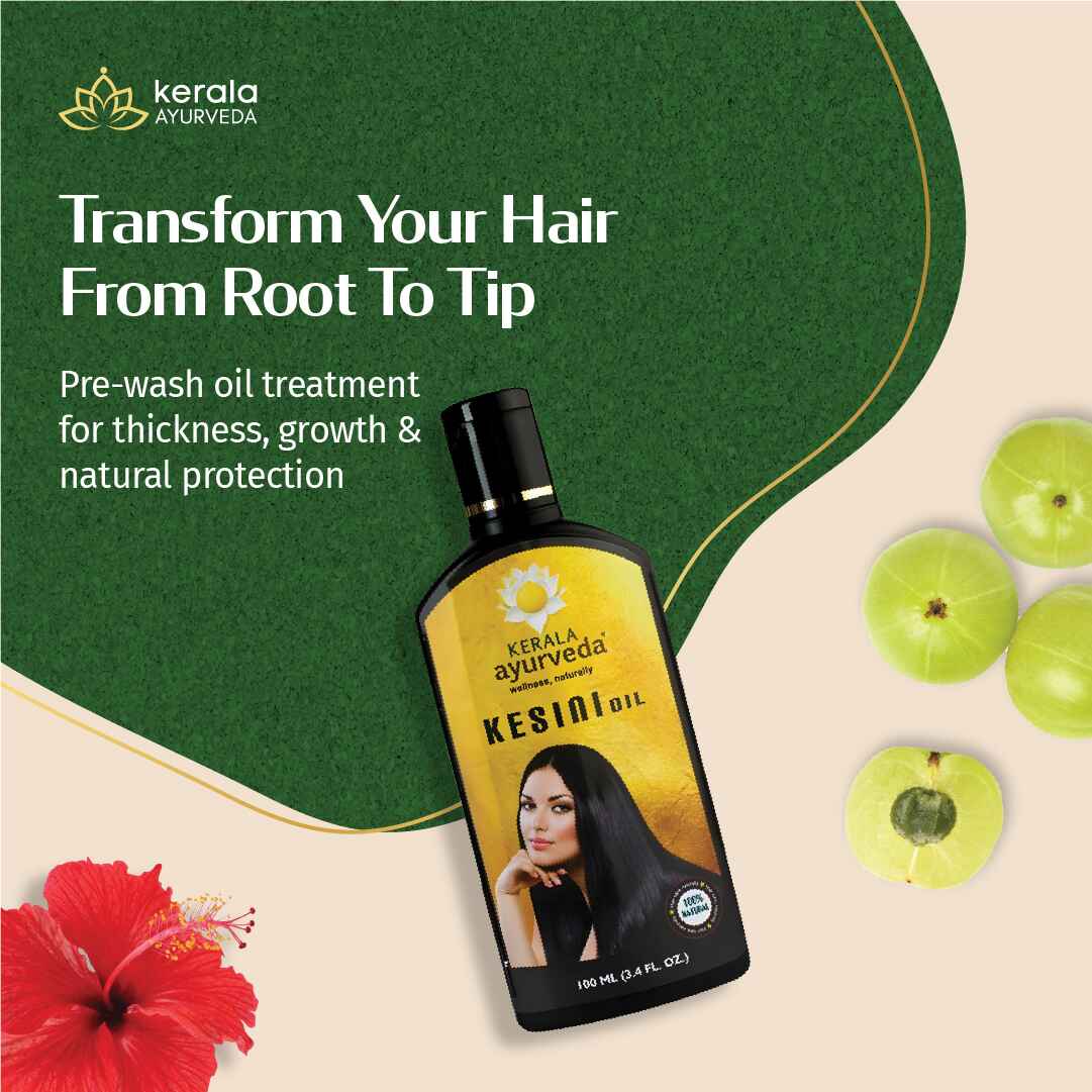 Kerala Ayurveda Kesini Oil - ayurvedic hair oil bottle with green apples and red flower on a beige and green background