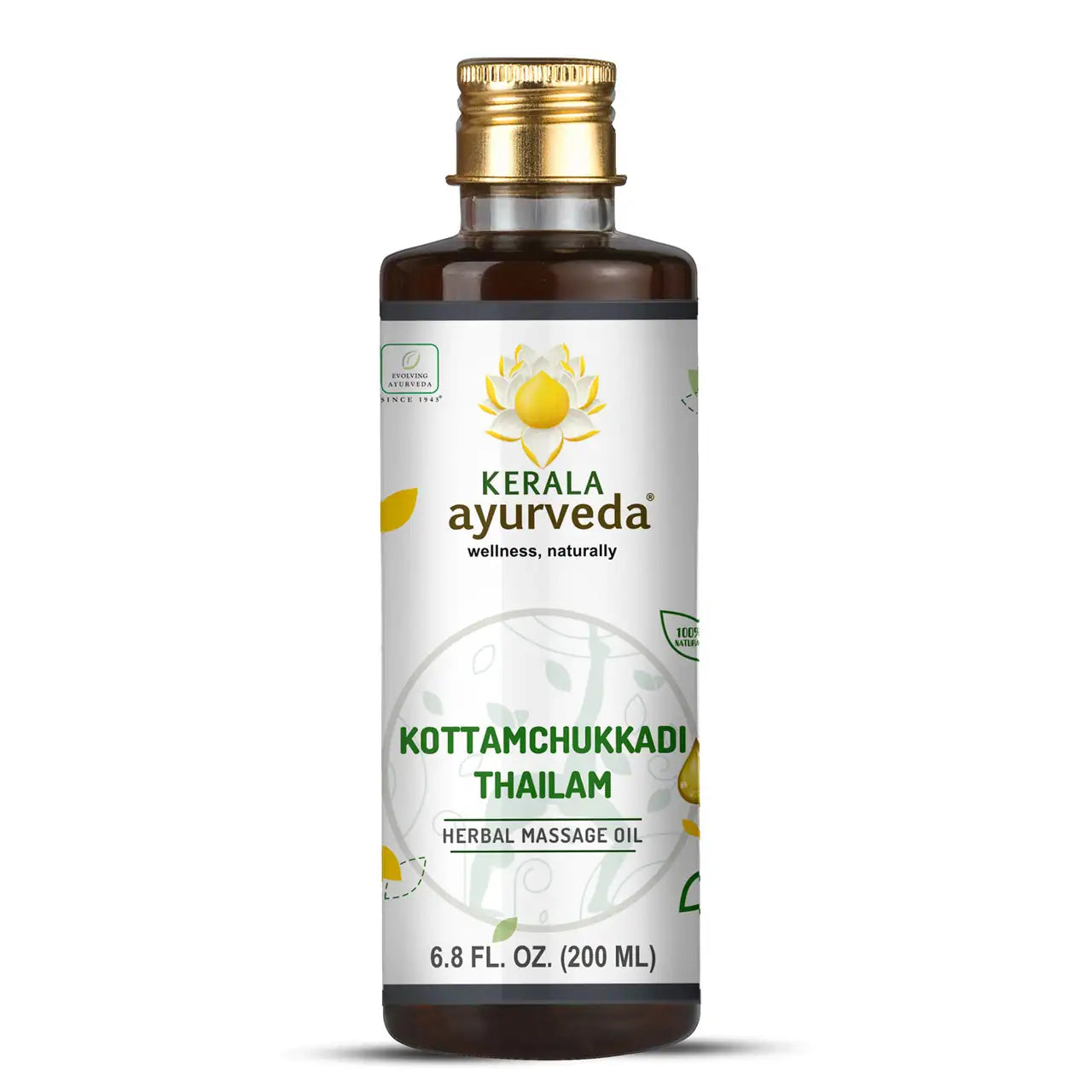 Bottle of Kerala Ayurveda Kottamchukkadi Thailam, 6.8 fl oz / 200 ml with label showing product name and brand.