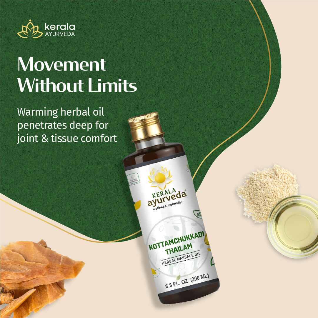 Kerala Ayurveda Kottamchukkadi Thailam bottle with oil and ingredients on a green and beige background