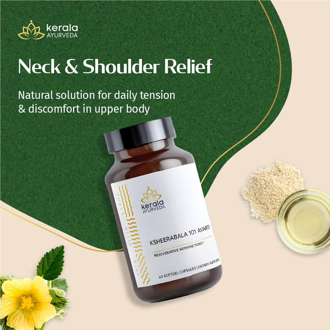 Kerala Ayurveda neck and shoulder relief product with bottle, leaves, and flowers on a green and beige background
