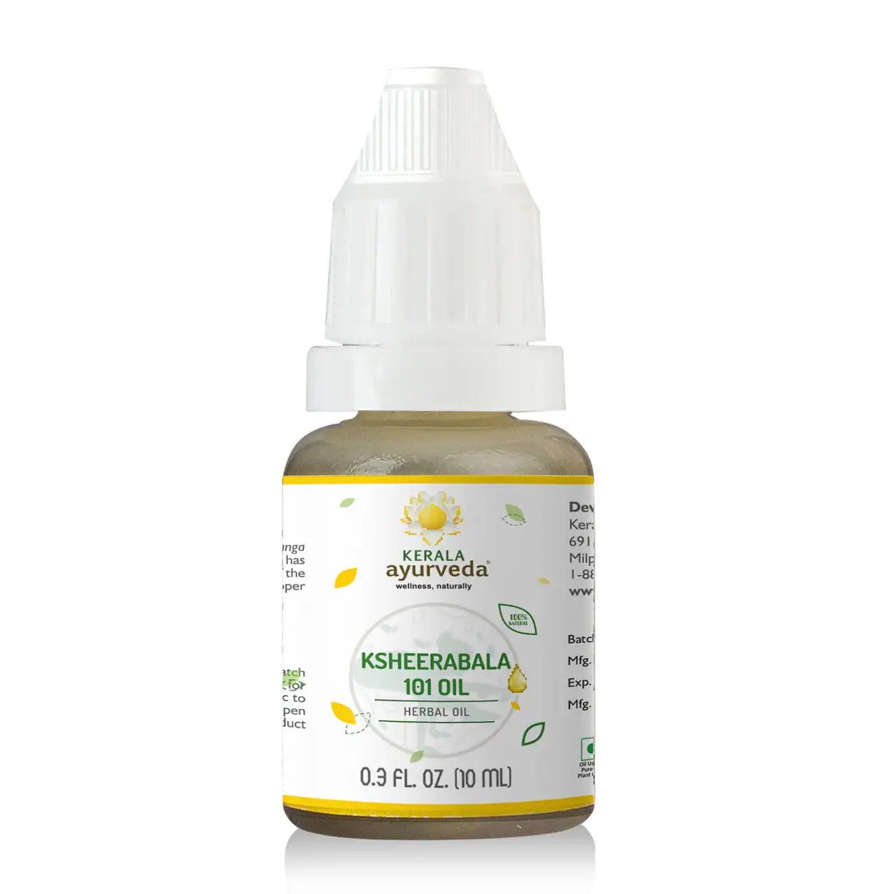 A bottle of Ksheerabala 101 body Oil by Kerala Ayurveda, labeled with the product name and size, against a white background.