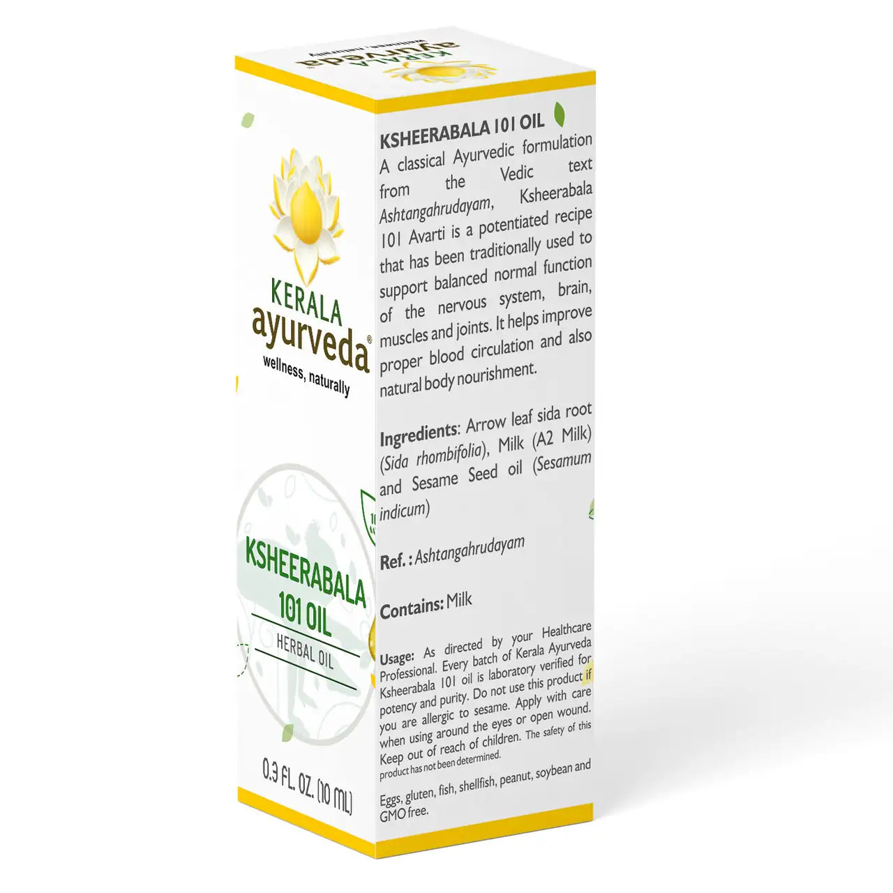 Side View of Ingredients of  Ksheerabala 101 body Oil by Kerala Ayurveda, labeled with the product name and size, against a white background.