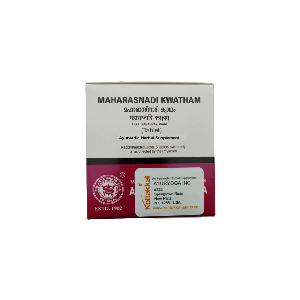 This image features a box of KT Maharasnadi Kwatham herbal supplement, containing 100 tablets. The box is predominantly white with a maroon and pink accent at the bottom, where the product name is highlighted in golden script.