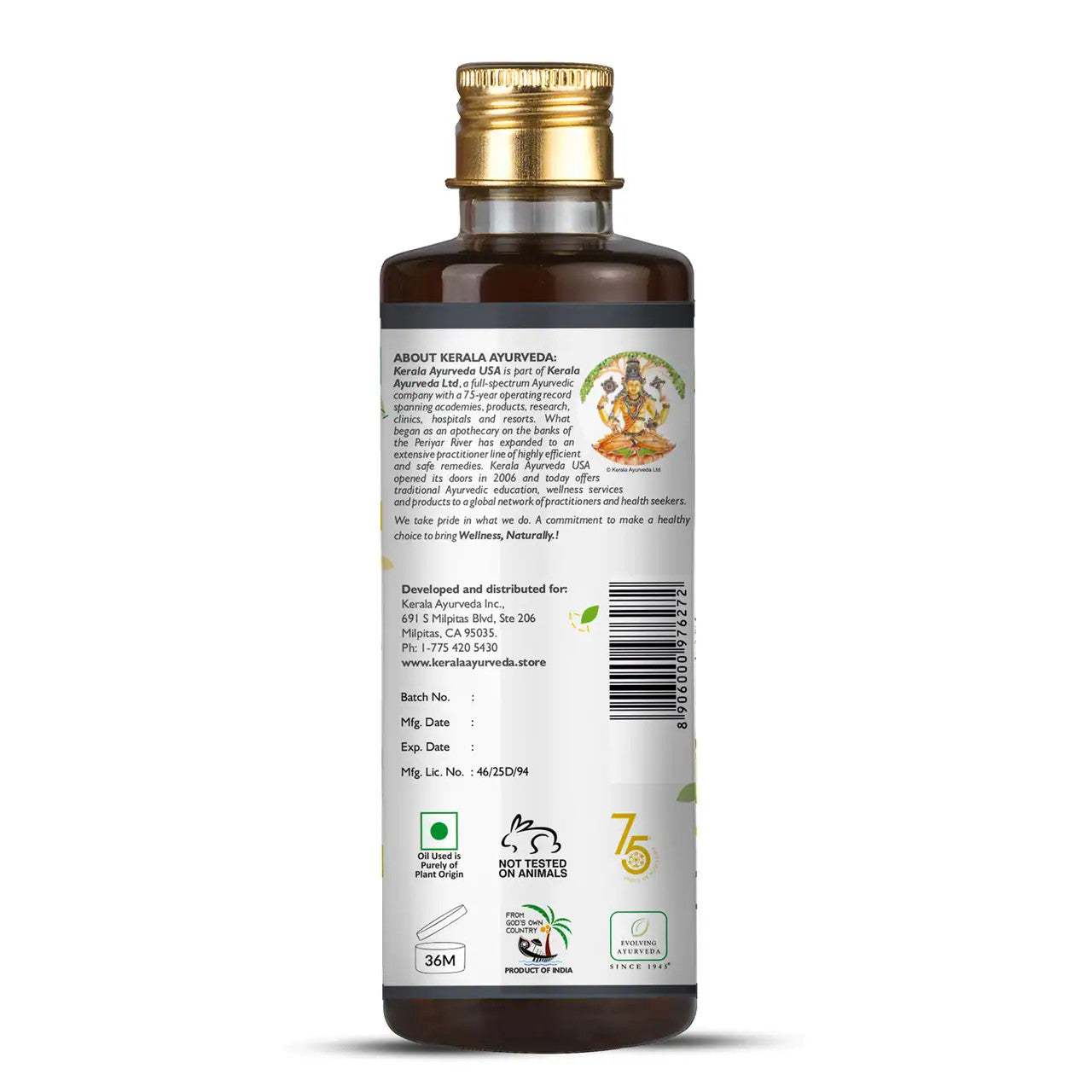 Back of Mahamasha Thailam herbal massage oil by Kerala Ayurveda, with product information andshowing company details and a barcode.