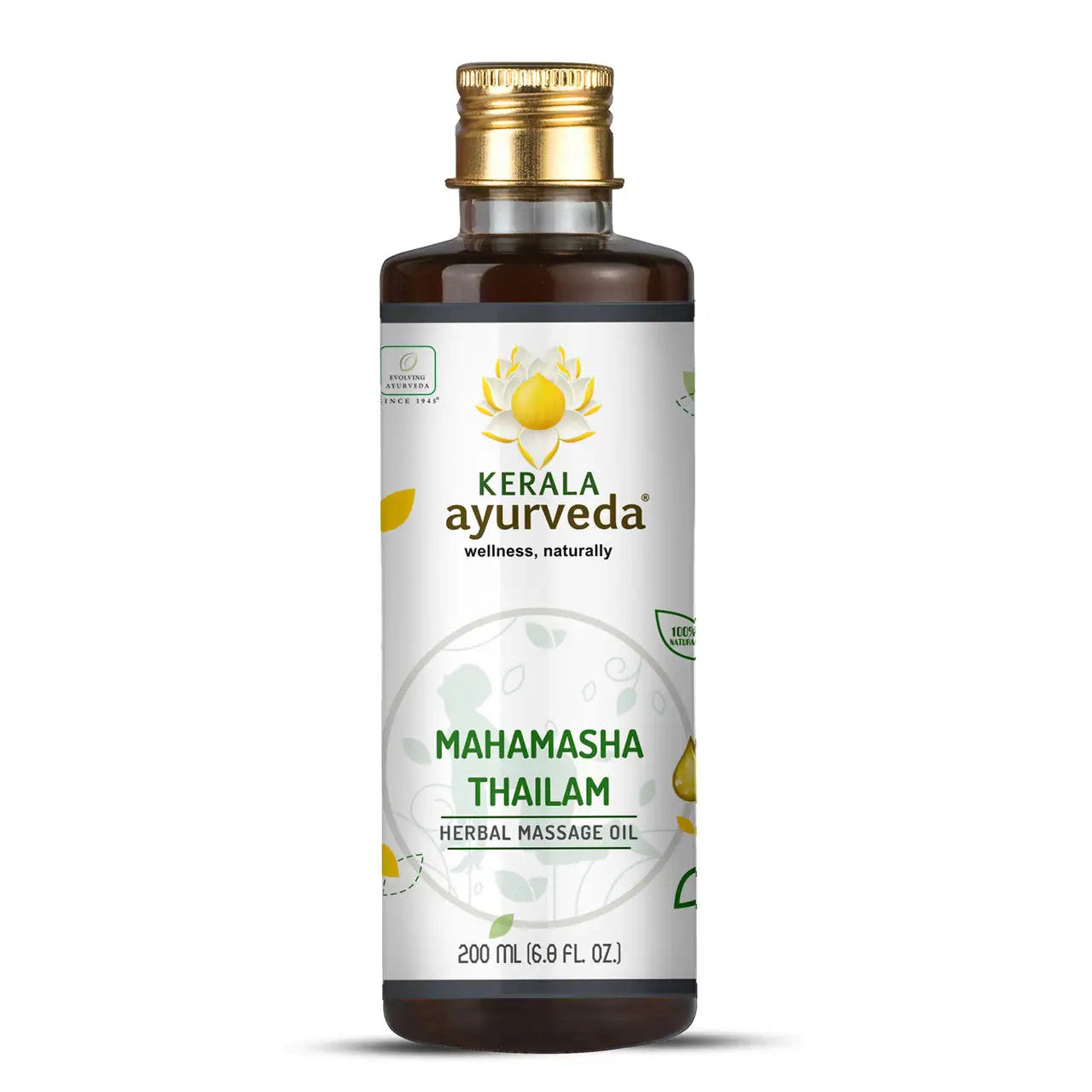 A bottle of Mahamasha Thailam herbal massage oil by Kerala Ayurveda, with product information and branding visible on the label.