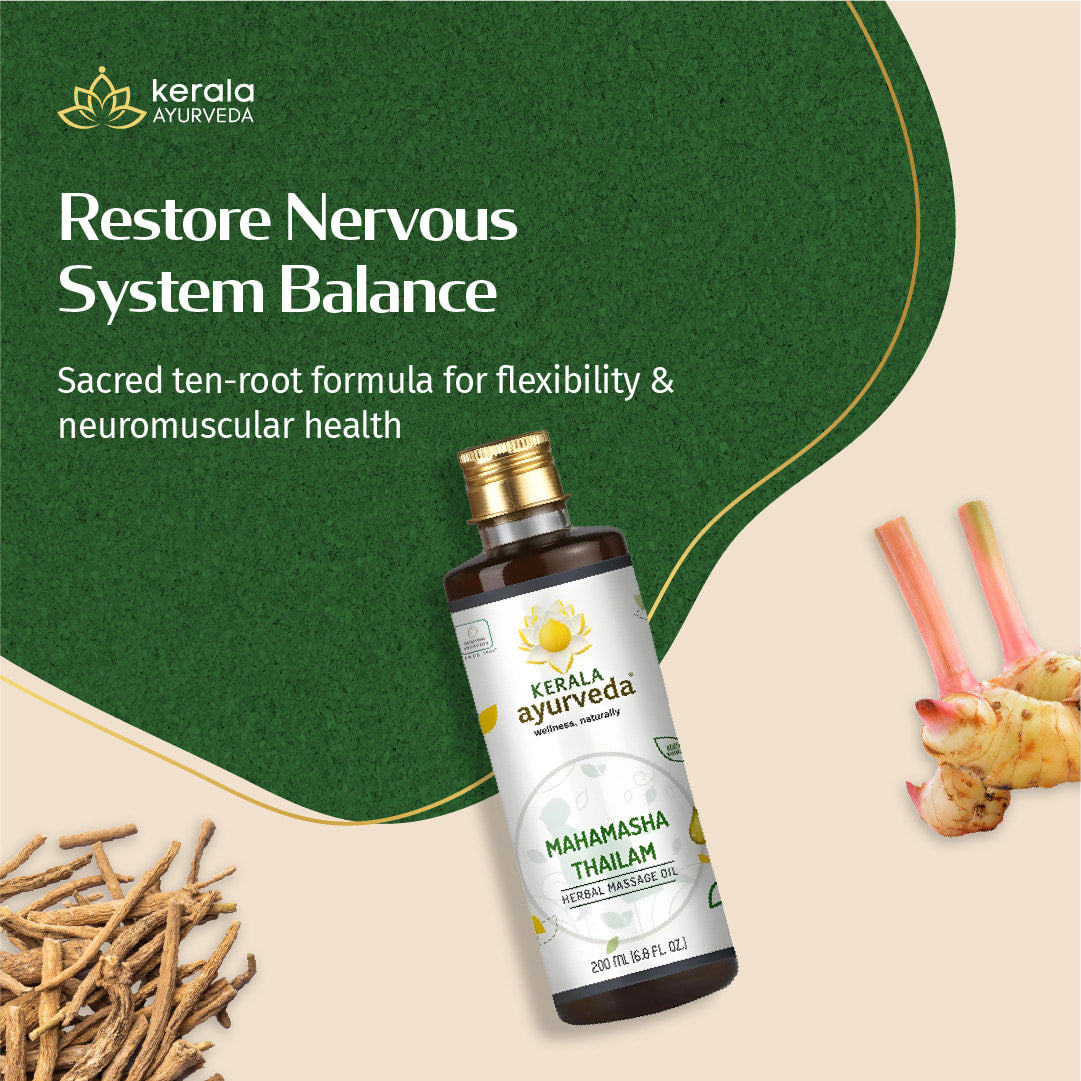Kerala Ayurveda Mahamascha Thailam massage oil bottle with ingredients on a green and beige background
