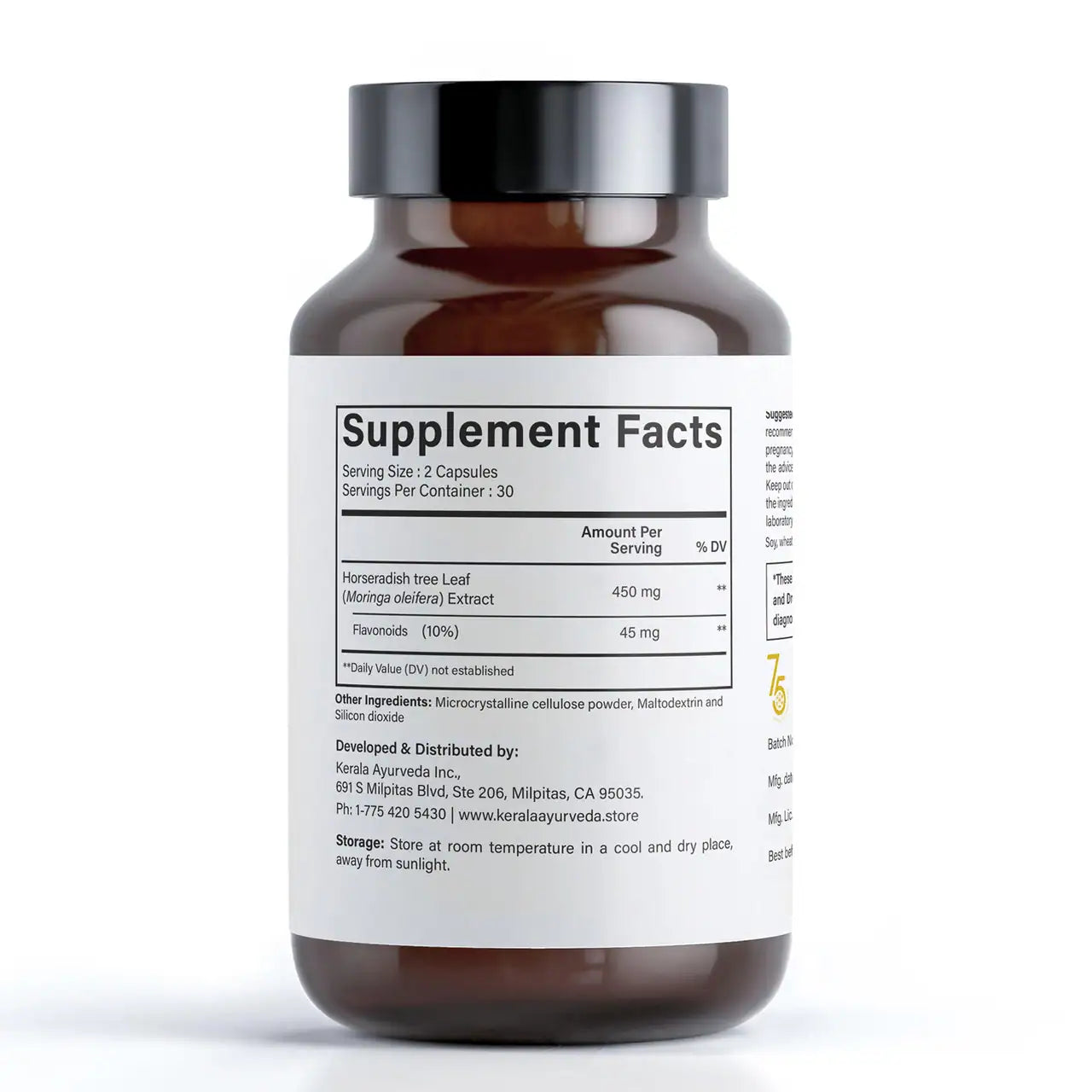 A supplement facts label view bottle of Kerala Ayurveda Moringa dietary supplement with 60 vegetarian capsules.