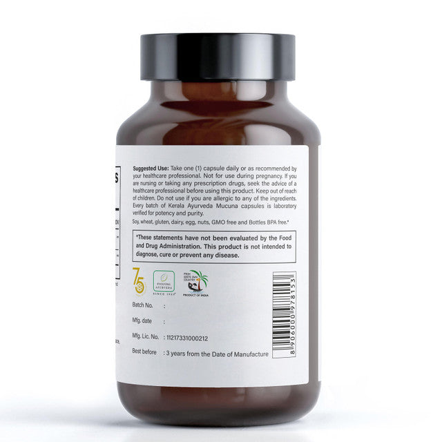 Back View of Kerala Ayurveda mucuna pruriens dietary supplement with 60 vegetarian capsules, showing company details and a barcode.