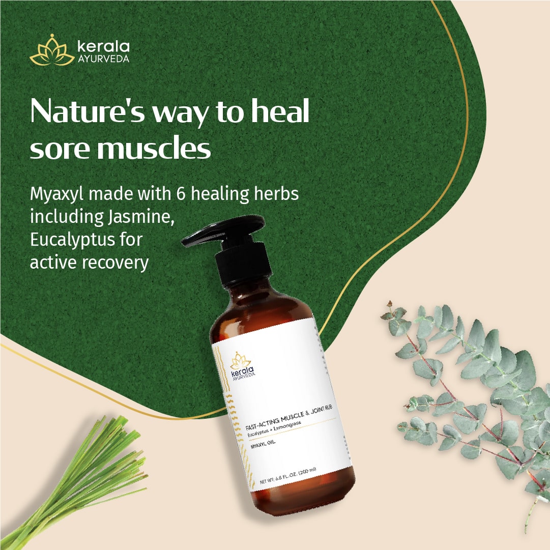 Kerala Ayurveda's Myaxyl oil, a muscle relief product with text on a green and beige background