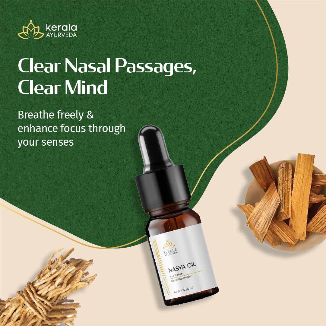 Kerala Ayurveda Nasya Oil bottle with wooden sticks on a green and beige background