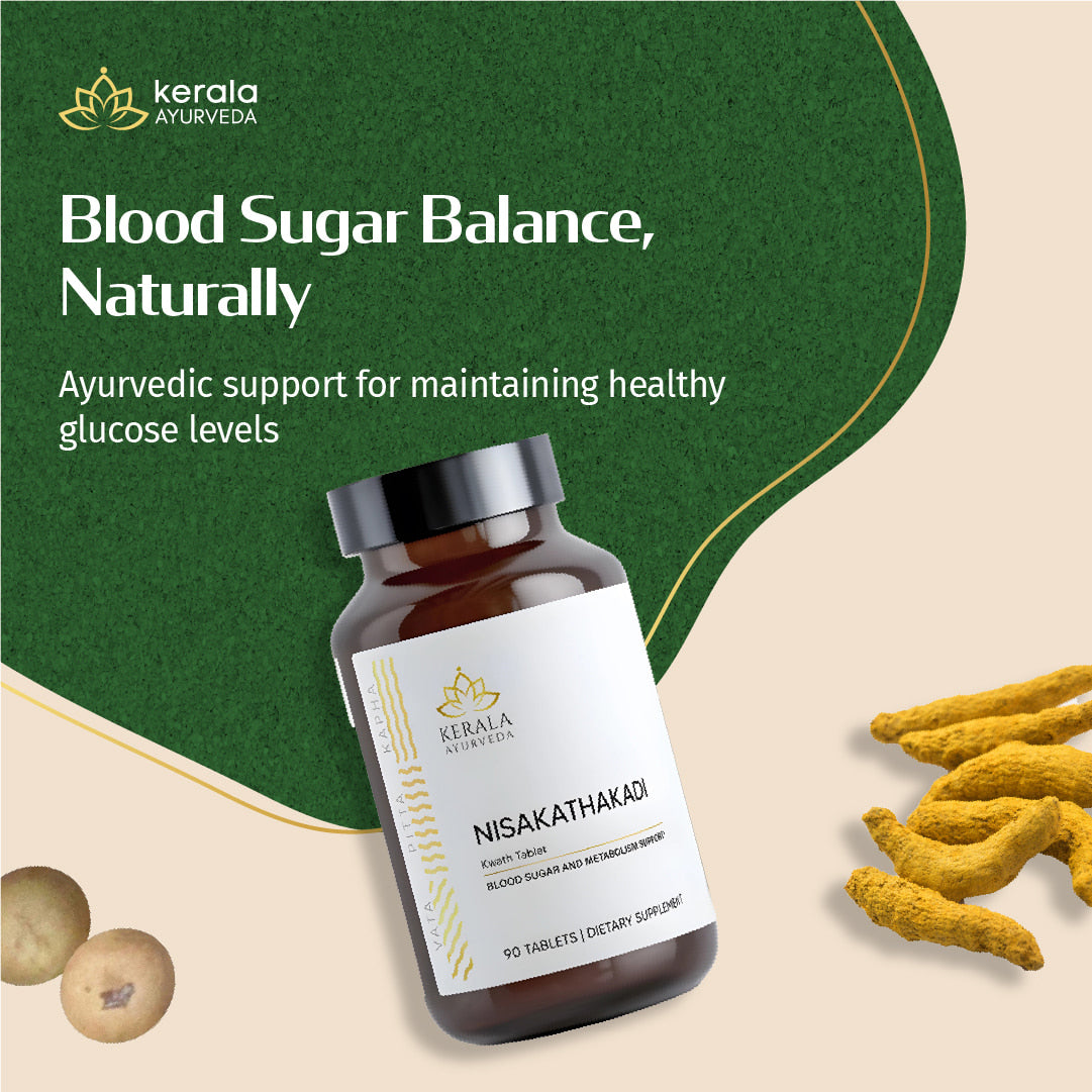 Ayurvedic supplement bottle labeled 'Nisakathakadi' with turmeric roots on a green and beige background, featuring Kerala Ayurveda branding.
