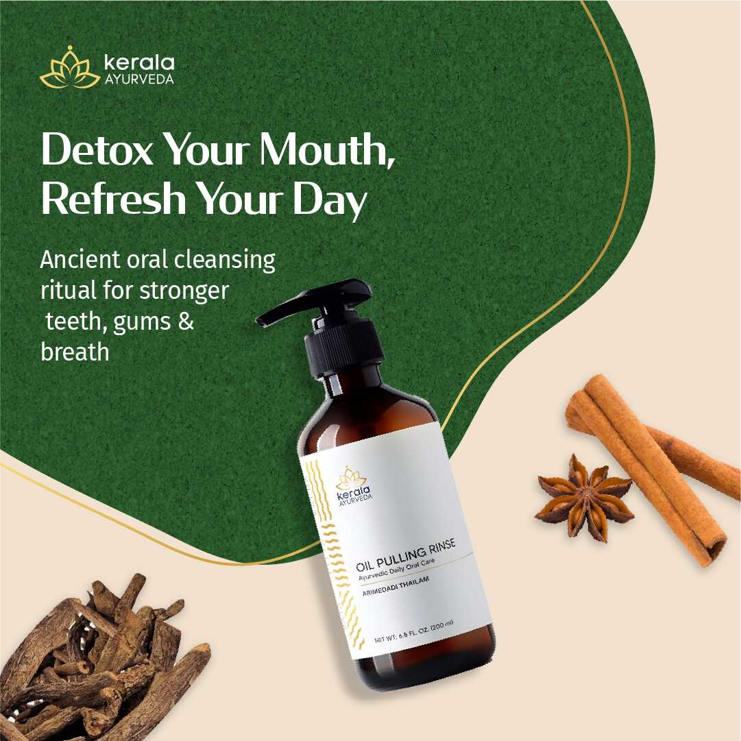 Kerala Ayurveda oil pulling rinse bottle with spices on a beige and green background