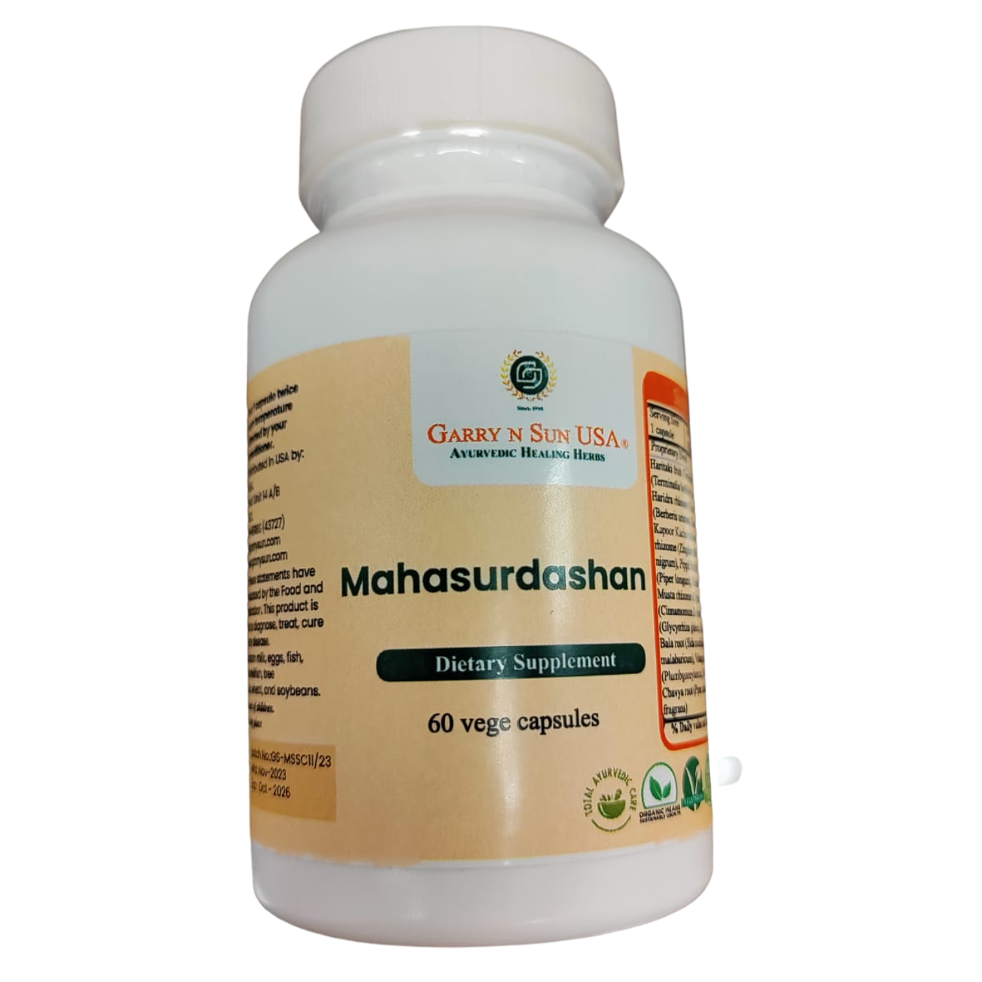 A bottle of GS Mahasudarshan healing herbs, dietary supplement with 60 vegetable capsules.