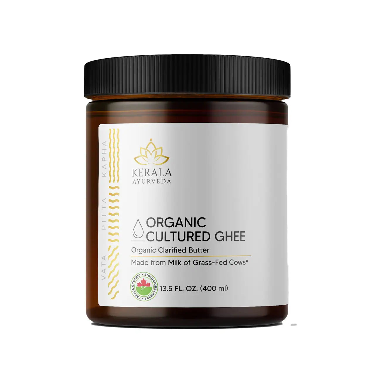A jar of Kerala Ayurveda Organic Cultured Ghee, labeled as made from milk of grass-fed cows, in a 13.5 fl oz / 400 ml container.