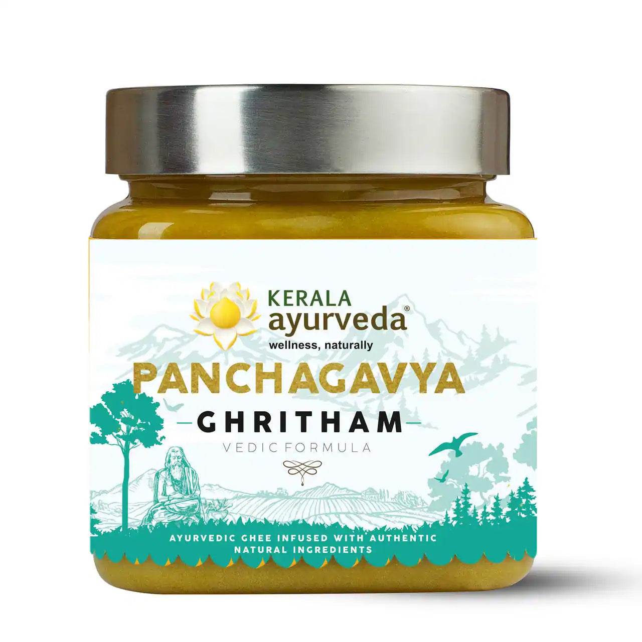 A jar of Kerala Ayurveda Panchagavya Ghee with a label depicting the herbs used in the formulation.