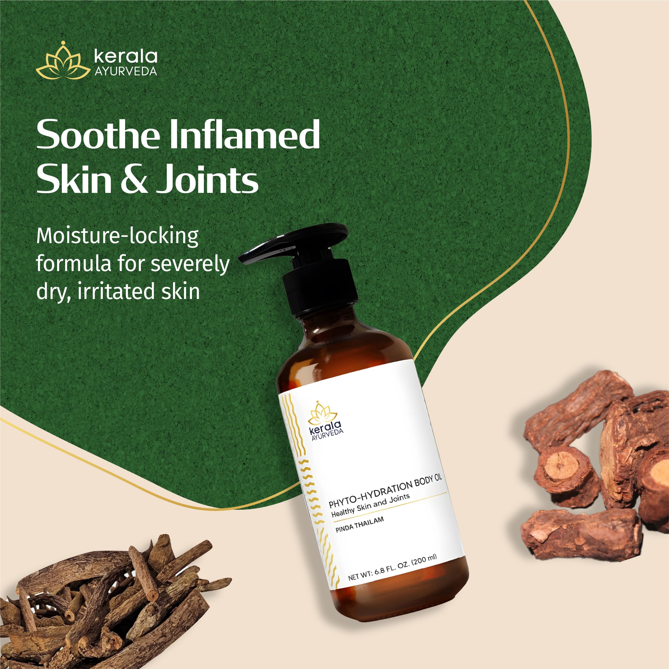 Kerala Ayurveda body oil bottle with ingredients on a green and beige background