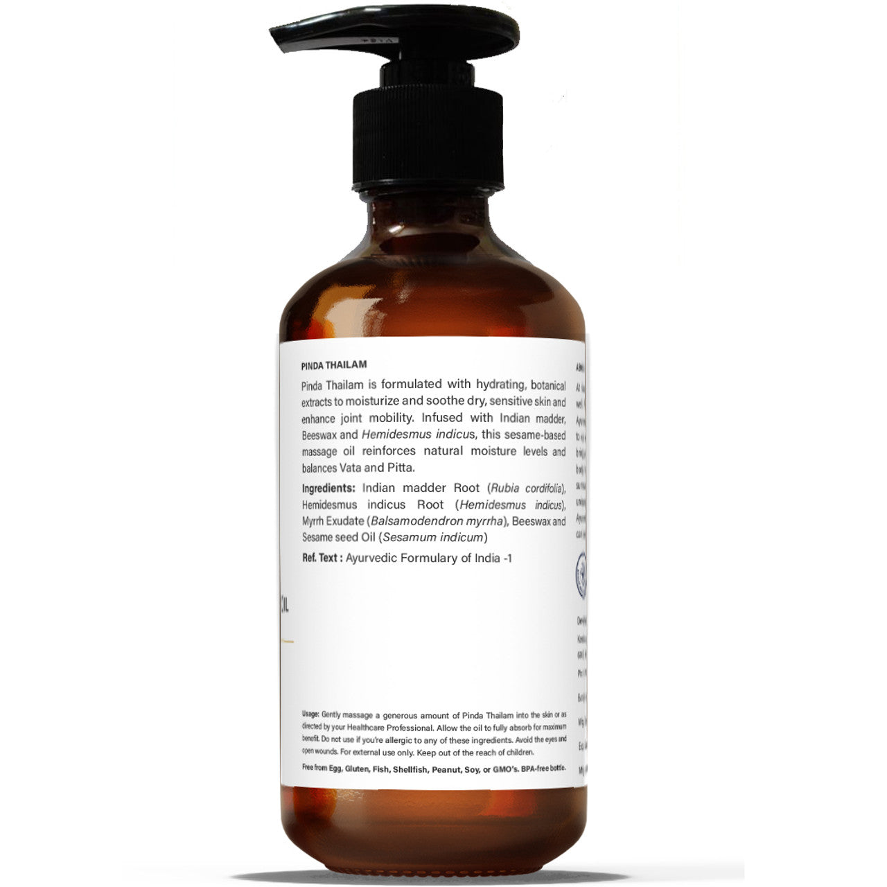 A clear bottle with a pump dispenser, labeled 'PHYTO-HYDRATION BODY OIL' along with the product name 'PINDA THAILAM'. The bottle shows the back label highlighting the product details