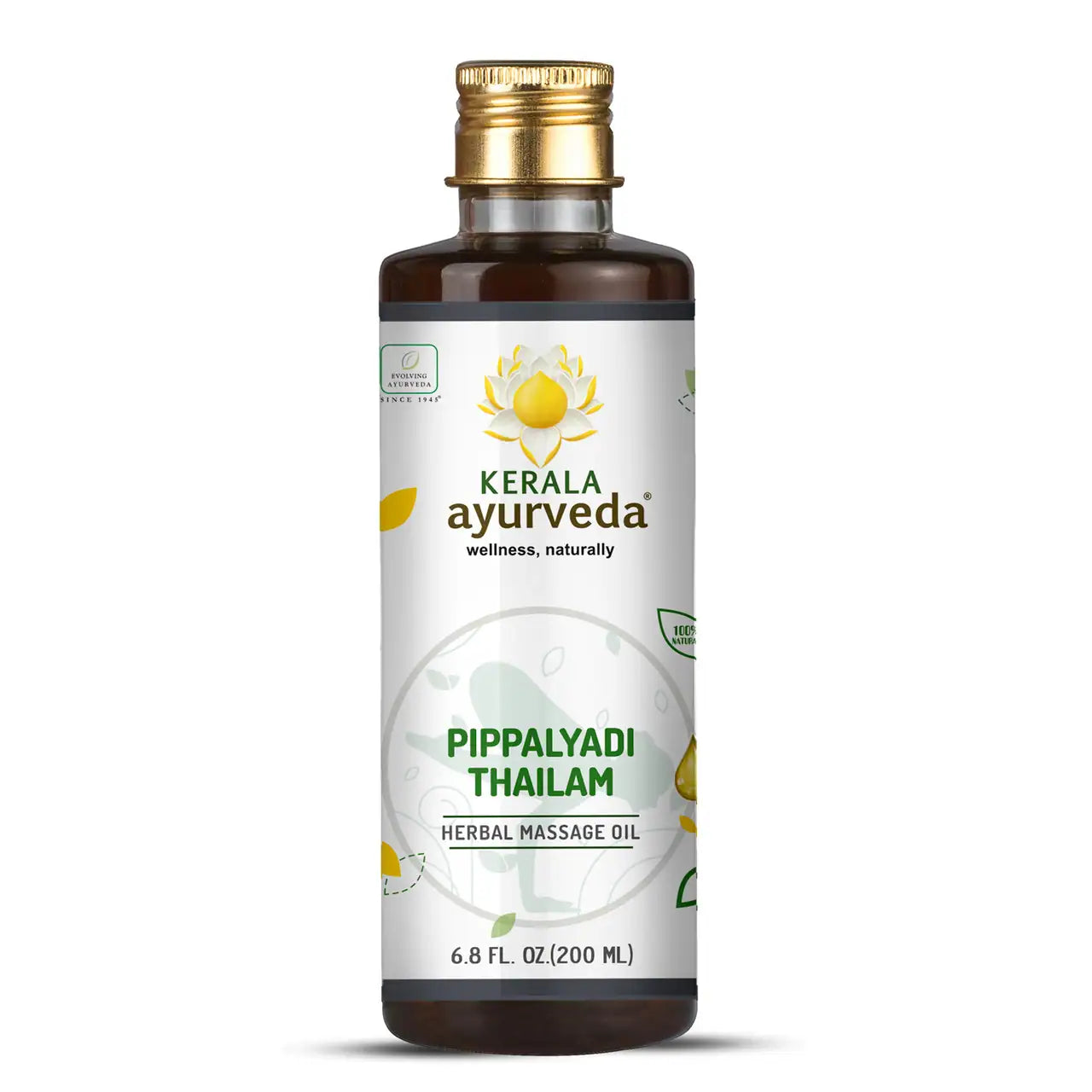 A bottle of Kerala Ayurveda Pippalyadi Thailam, 6.8 fl oz / 200 ml with a label showing the product name and a sun illustration.