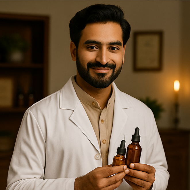 Man in a lab coat holding two bottles in a cozy, softly lit interior.