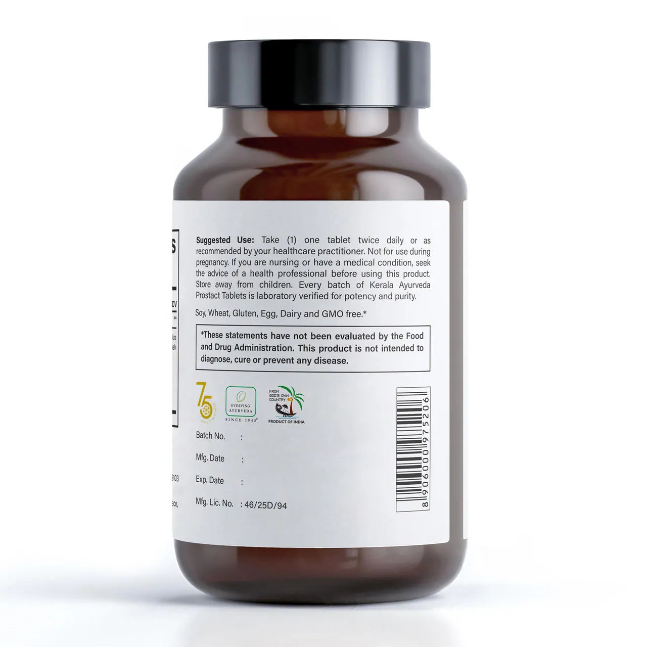Back label of a bottle of Prostate Care dietary supplement with 90 tablets, showing how to use suggestion