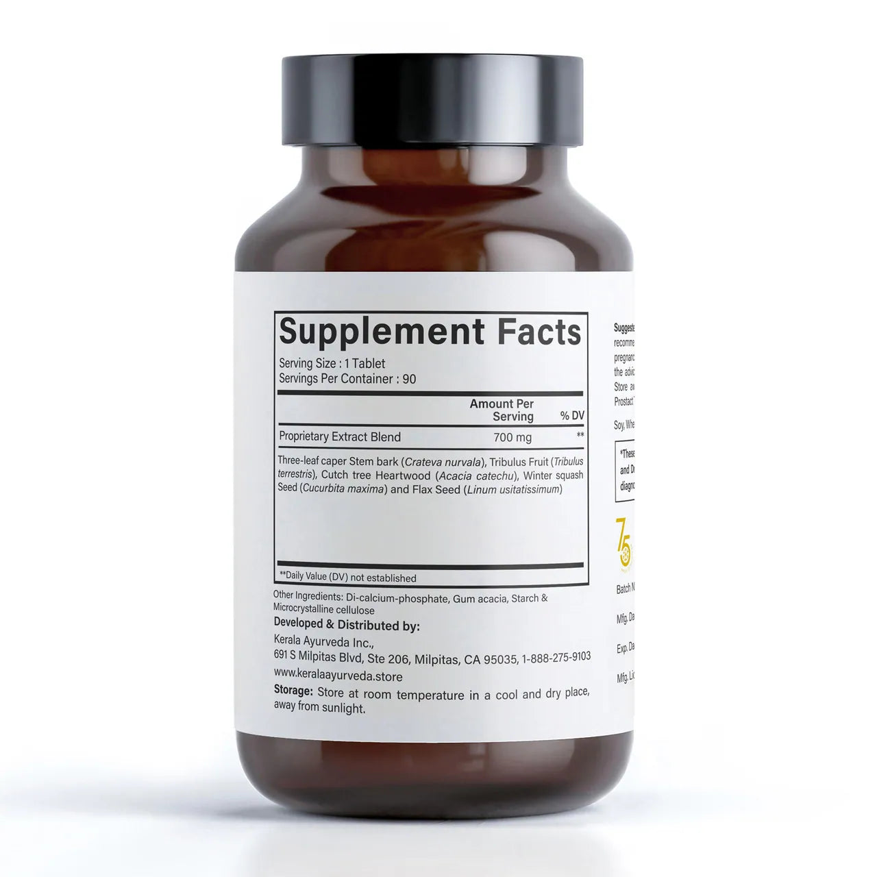 Ingredients label of a bottle of Prostate Care dietary supplement with 90 tablets.