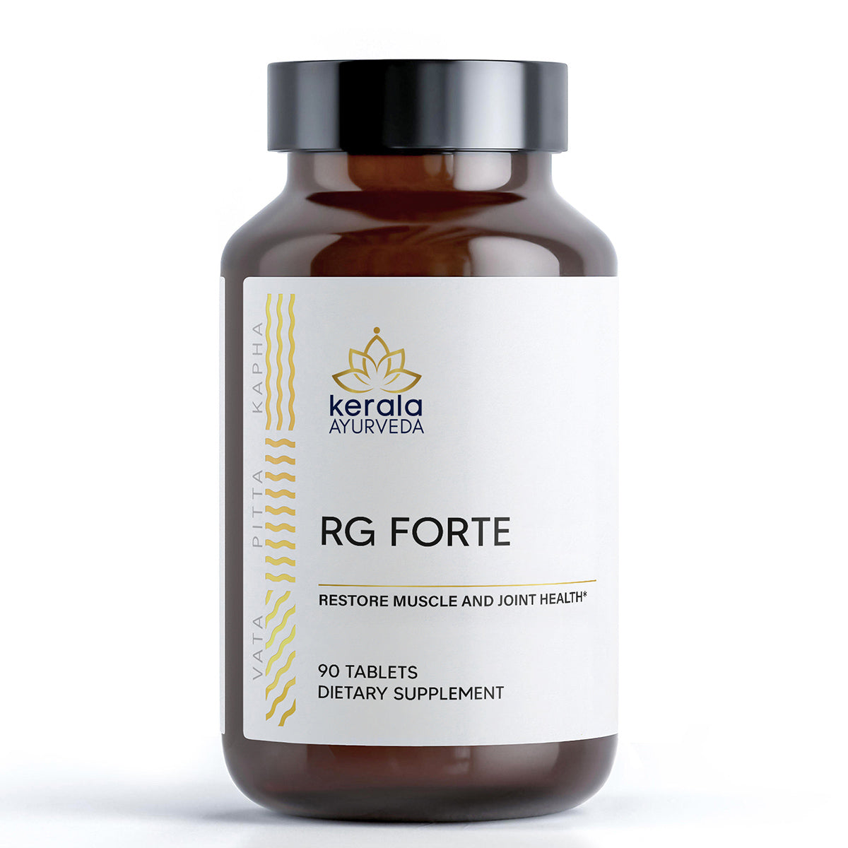 Brown supplement bottle labeled 'RG Forte' by Kerala Ayurveda on a white background, Joint Support Supplement