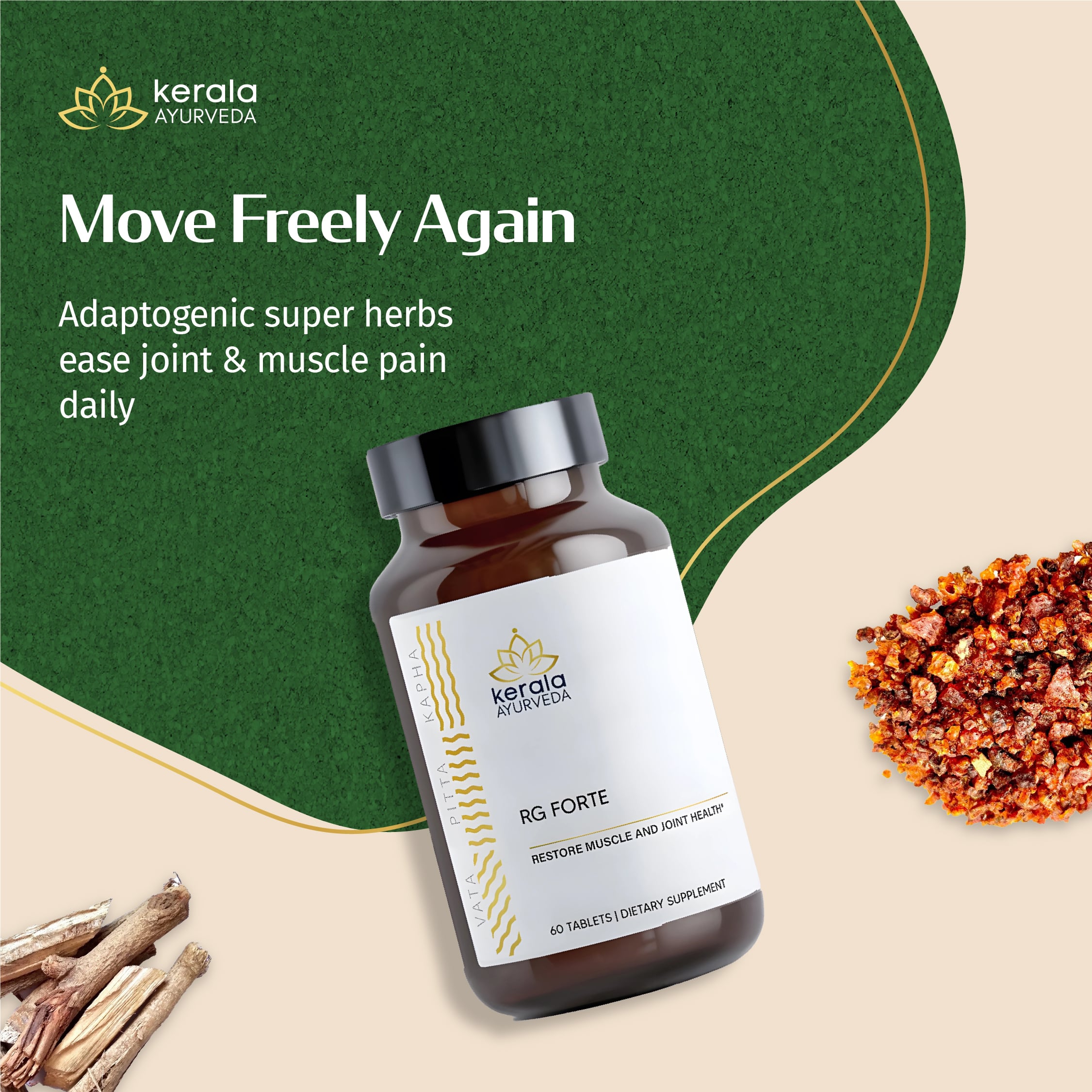 Kerala Ayurveda supplement bottle with herbs on a beige background, a joint support supplement