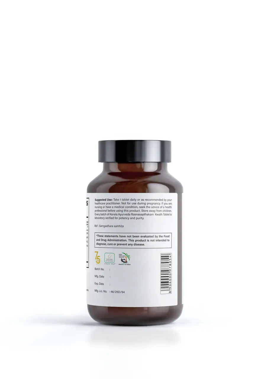 Back View of Kerala Ayurveda Rasnasapthakam Kwath, containing 90 tablets, with a label that indicates it is a joint support supplements  for musculoskeletal pain relief.