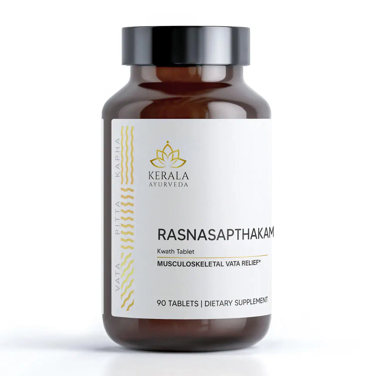A bottle of Kerala Ayurveda Rasnasapthakam Kwath, containing 90 tablets, with a label that indicates it is a joint support supplements for musculoskeletal pain relief.