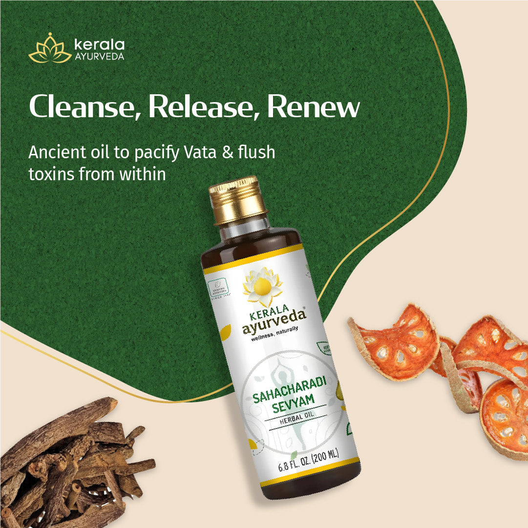 Kerala Ayurveda oil bottle with text on a green and beige background