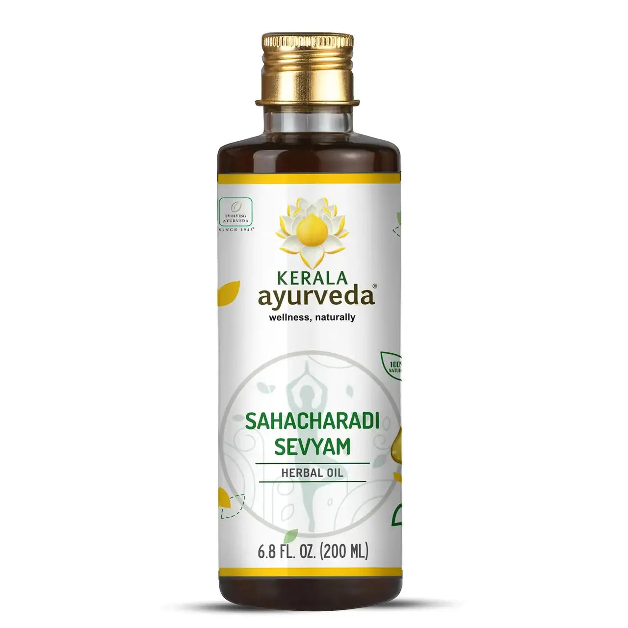 A bottle of Sahacharadi Sevyam, an Ayurvedic cleansing oil, labeled 6.8 fl oz / 200 ml with an image of a sun and herbs, indicating its herbal composition.